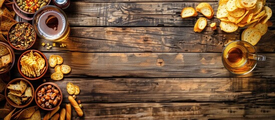 Aufkleber - Wooden table with lager beer and snacks creating the perfect backdrop for a copy space image