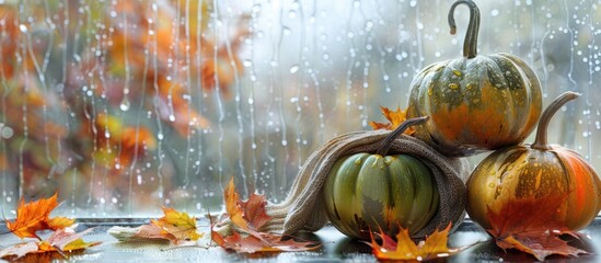 Poster - Autumn still life with a pair of pumpkins adorned with a scarf maple leaves and a rainy window in the backdrop ideal for copy space image