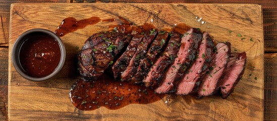 Poster - Top view of a dry aged Wagyu tri tip steak with BBQ sauce for dipping showcased on a wooden cutting board with copy space image