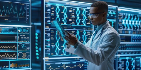 Poster - Professional scientist looking patient data chart while analyzing data. Skilled smart medical researcher using technology innovation or AI to connect with data while monitoring patient symptom. AIG42.