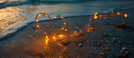 Aufkleber - Heart shaped made of LED lights on the beach sand with copy space image