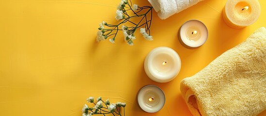 Poster - A spa themed flat lay arrangement with scented candles towel and lotion on a bright yellow surface perfect for showcasing spa concepts includes copy space image