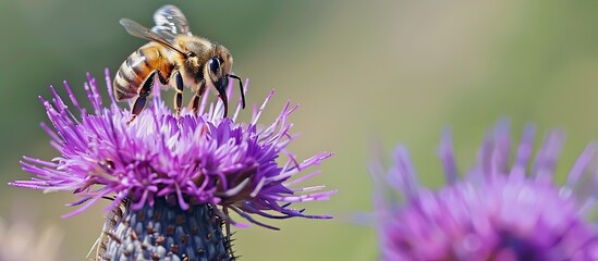 Poster - A bee hovering over a purple flower gathering pollen and nectar with copy space image