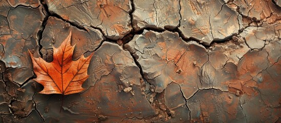 Poster - Dry cracked mud with a leaf creating a rustic ambiance in a serene setting with the potential for adding text or images within the open space. with copy space image. Place for adding text or design