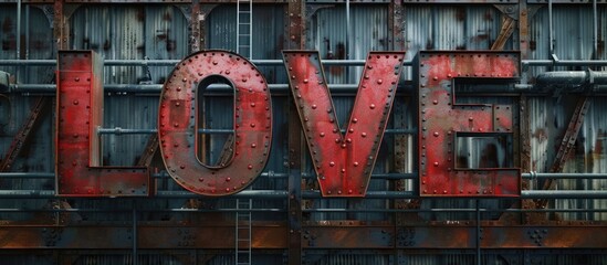 Poster - Industrial banner featuring the word Love in bold font with empty space for adding images. with copy space image. Place for adding text or design