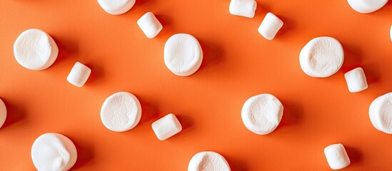 Poster - Top down perspective displaying delectable marshmallows arranged in circles set against an orange background with ample copy space image