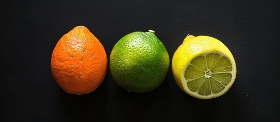Poster - Top down view of lime orange and lemon on a black background offering copy space image without any Photoshop alterations
