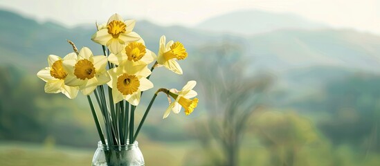 Aufkleber - A colorful bouquet of seven yellow daffodils arranged in a vase alongside a serene landscape copy space image