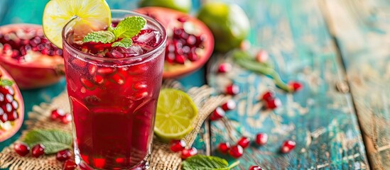 Fototapete - Glass with a pomegranate drink lime slices and mint on a colorful wooden surface with burlap fabric underneath providing a refreshing copy space image