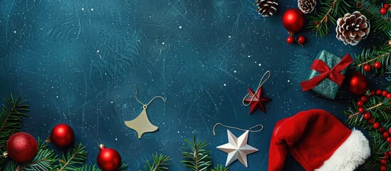 Aufkleber - Top down view of a Christmas arrangement featuring a Santa hat gift bauble star on a background with space for text suitable for a flat lay image. with copy space image