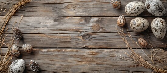 Poster - Easter themed background with a rustic wooden texture featuring eggs and space for text or images. with copy space image. Place for adding text or design