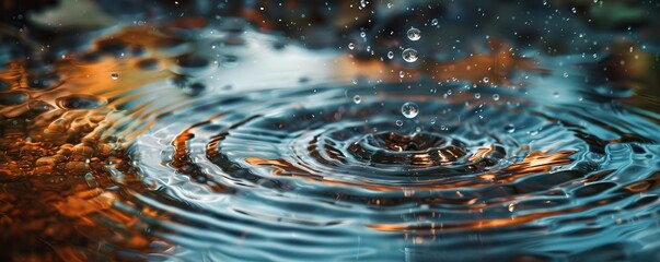 Poster - A photorealistic image of a single raindrop splashing into a puddle, creating a ripple effect that spreads outward.