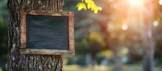 Wall Mural - Chalkboard on tree with blurred background ideal for copy space image