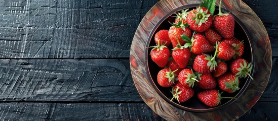 Poster - Fresh red strawberries displayed on a rustic black wood background with a bowl of natural ripe organic berries featuring stems on a circular wooden cut out with copy space image