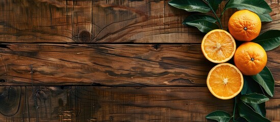 Poster - Orange fruit with leaves set on wood table in a copy space image