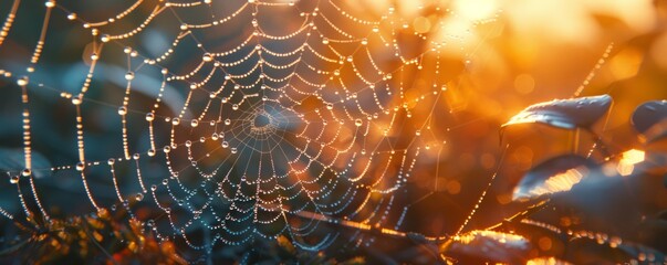 Sticker - A photorealistic close-up of a spider web glistening with morning dew, each strand reflecting the world.