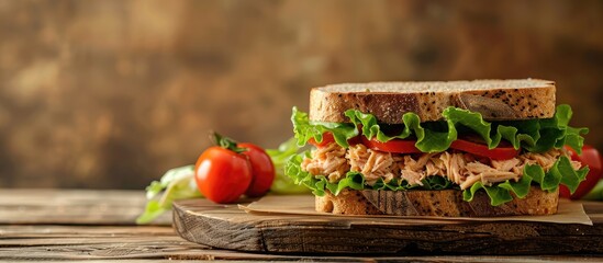 Sticker - Tasty tuna sandwich with tomatoes and lettuce displayed on a wooden table perfect for adding text in the copy space image