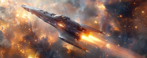 a photorealistic depiction of a sleek spaceship soaring through a nebula, its engines glowing and it