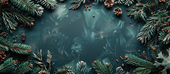 Wall Mural - A festive holiday border crafted from fir branches surrounding a toned photograph with copy space image