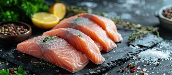 Sticker - Raw frozen char fish pieces provide a healthy meal or snack option for long term storage displayed on a rustic table with copy space in a food background suitable for a pescatarian diet