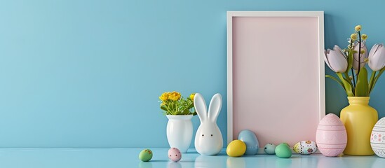 Sticker - Easter themed setup featuring a blank photo frame against a blue backdrop ideal for adding your own image. Copy space image. Place for adding text and design