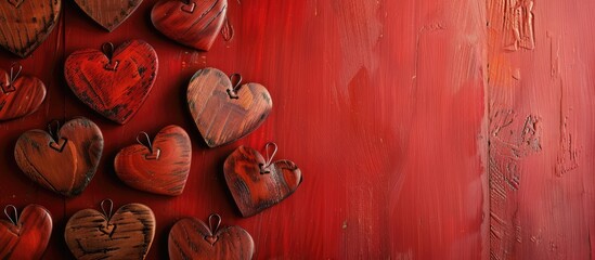 Wall Mural - Valentine s Day themed image featuring a red backdrop with wooden hearts allowing space for text or other elements. Copy space image. Place for adding text and design