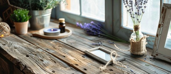 Poster - A decorative set up on a wooden table with a lavender flower photo frames and other items perfect for showcasing with a copy space image