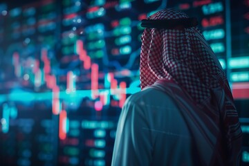 Saudi Gulf Arab man wearing a traditional white thobe and red shemagh standing in front of a graph of economic growth 3d hologram background.