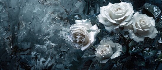 Wall Mural - Greeting card featuring a collage of white roses with dew on a textured black and blue background with copy space image