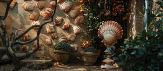 Sticker - Topiary made of shells set against a background with a handmade shell frame providing a charming copy space image