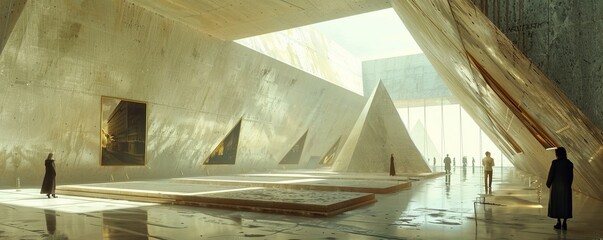 Poster - A photorealistic depiction of a modern art museum with its geometric shapes and minimalist design, inviting visitors to explore its vast collection of art.
