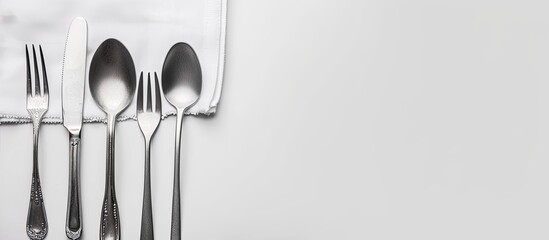 Poster - Silver steel cutlery on a white backdrop with copy space image