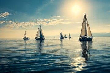 Sticker - Sailboats cruising on the ocean, A group of sailboats drifting on a calm sea, AI generated