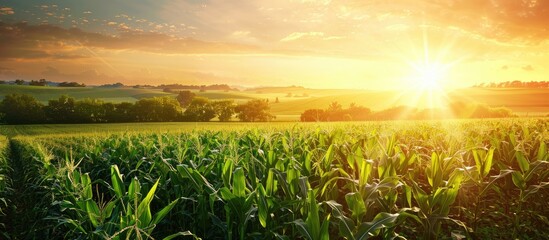 Canvas Print - A serene landscape with a lush cornfield in the background providing a scenic view with ample copy space image