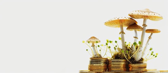 A mushroom plant is seen growing out of stacks of gold coins in a white background with space for text or images. Copy space image. Place for adding text and design