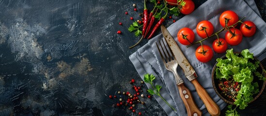 Poster - Top view of tableware with fork knife on a napkin cherry tomatoes greens spices and copy space image