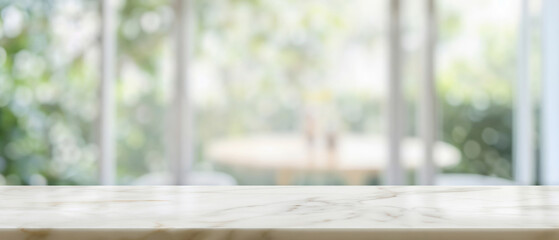 Aufkleber - Empty white marble table top with a blurred green garden background