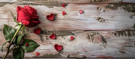 Sticker - A greeting card featuring a red rose hearts and a wooden backdrop perfect for Valentine s Day Birthday or Wedding wishes with copy space image