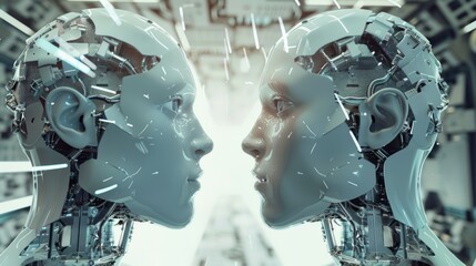 Poster - artificial intelligence concept: neural network connection between two heads