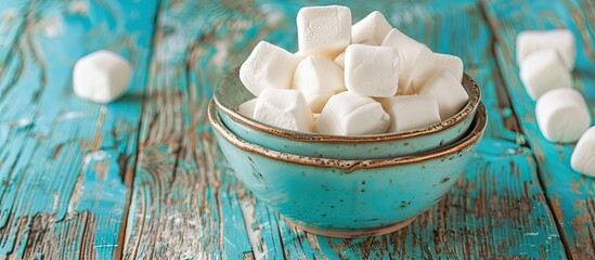 Sticker - A ceramic bowl filled with homemade vanilla marshmallows on a bright wooden turquoise backdrop with room for a copy space image