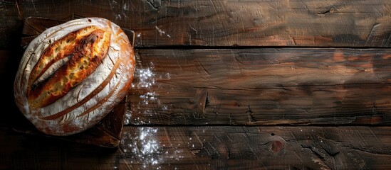 Poster - Freshly baked homemade loaf of bread on a dark wooden surface with ample copy space image