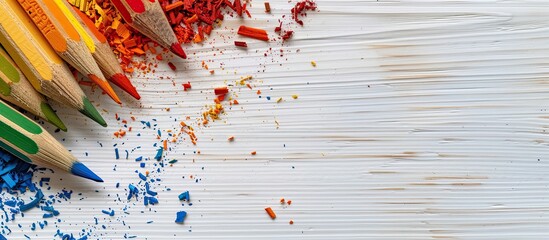 Wall Mural - Colorful pencil shavings on a white wooden background with space for adding an image. Copy space image. Place for adding text and design