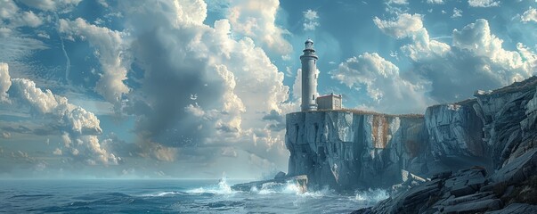 Poster - A towering lighthouse perched on a rocky cliff, its beacon guiding ships safely through treacherous waters.