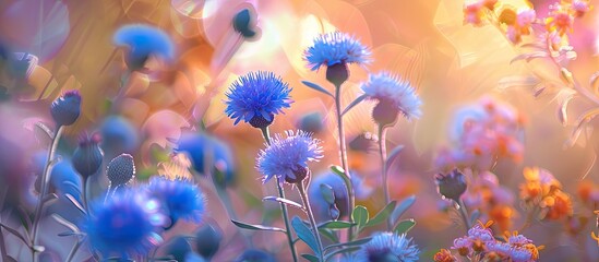 Wall Mural - Macro view of blue mistflower conoclinium coelestinum flowers in a sunny autumn garden with copy space image