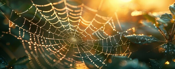 Sticker - A photorealistic close-up of a spider web glistening with morning dew, each strand reflecting the world, reminding us of the intricate beauty and interconnectedness of nature.