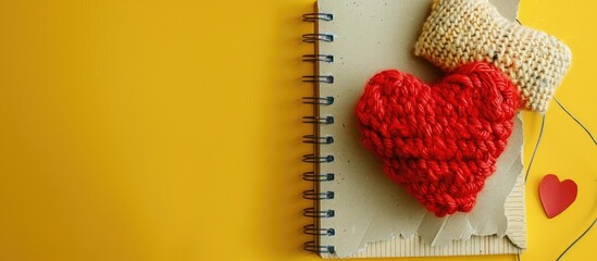 Wall Mural - Red heart shaped woolen toy and torn notebook sheet on yellow paper with a copy space image