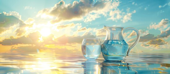 Wall Mural - Tablet computer with copy space image of a clear water jug and glass set against a bright sky backdrop