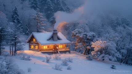 Poster - Cozy Cabin in the Snowy Mountains