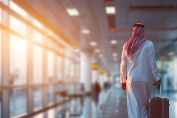 Saudi Gulf Arab man wearing a traditional white thobe and red shemagh carry a suitcase on blurred bokeh airport background.