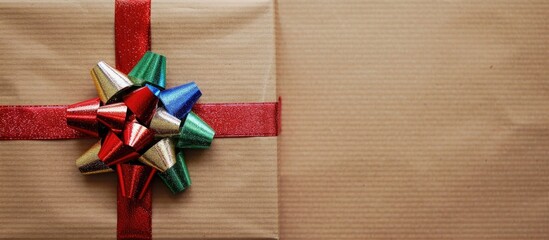 Sticker - A top down view of colorful Christmas wrapping ribbons in a bow on a brown paper package perfect for a copy space image